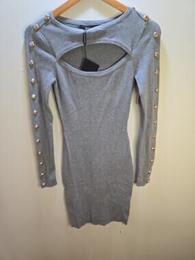 Hera Collection Grey Long Sleeve Cutout Bodycon Chic Sweater Dress Small NWT